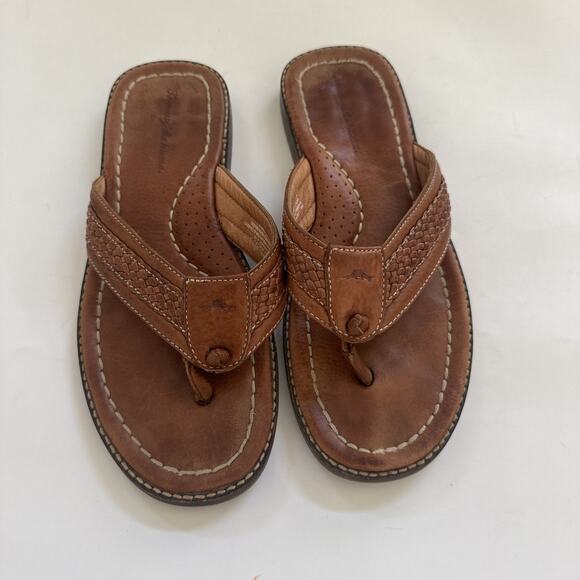 Tommy Bahama Braided Thong Flip Flops Brown Mens 9 Anchors Away Leather Sandals - Picture 1 of 11